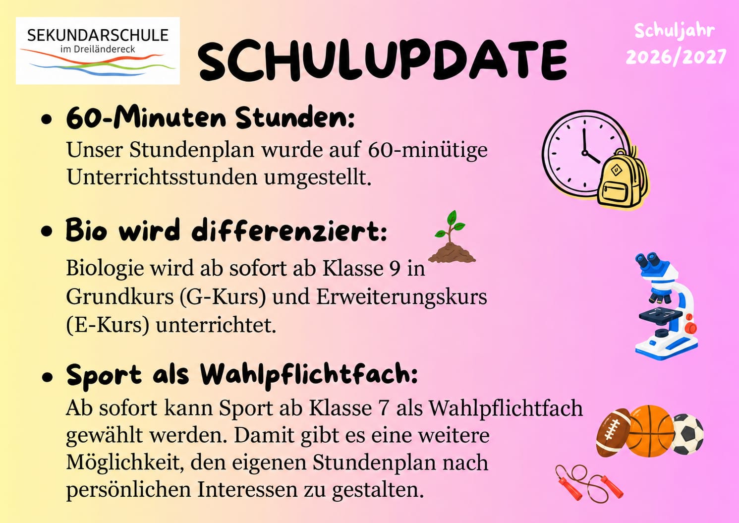 Neuigkeiten zum Schuljahr 2026-2027